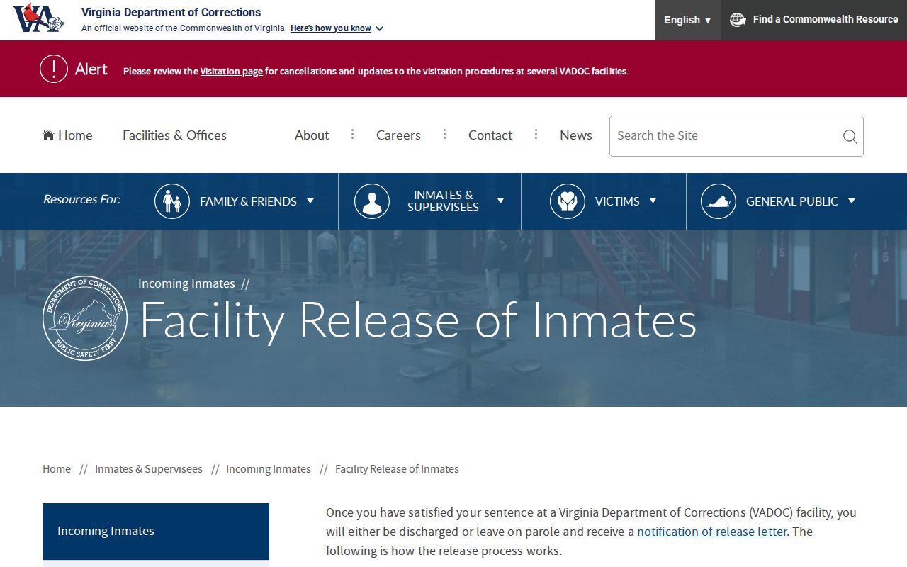 Virginia Department of Corrections release process for Northampton County prisoners
