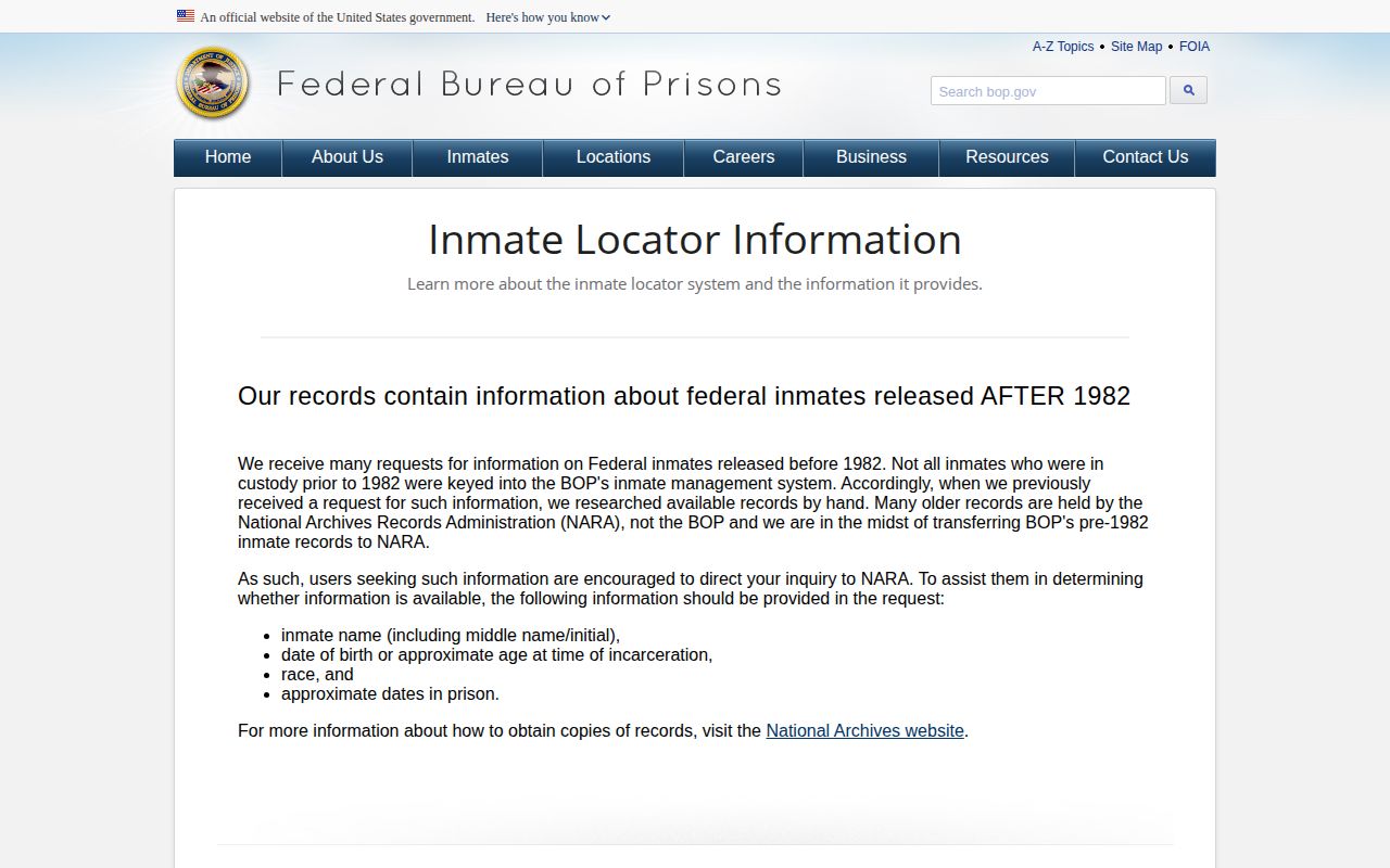 Federal Bureau of Prisons released and not in custody record guidance