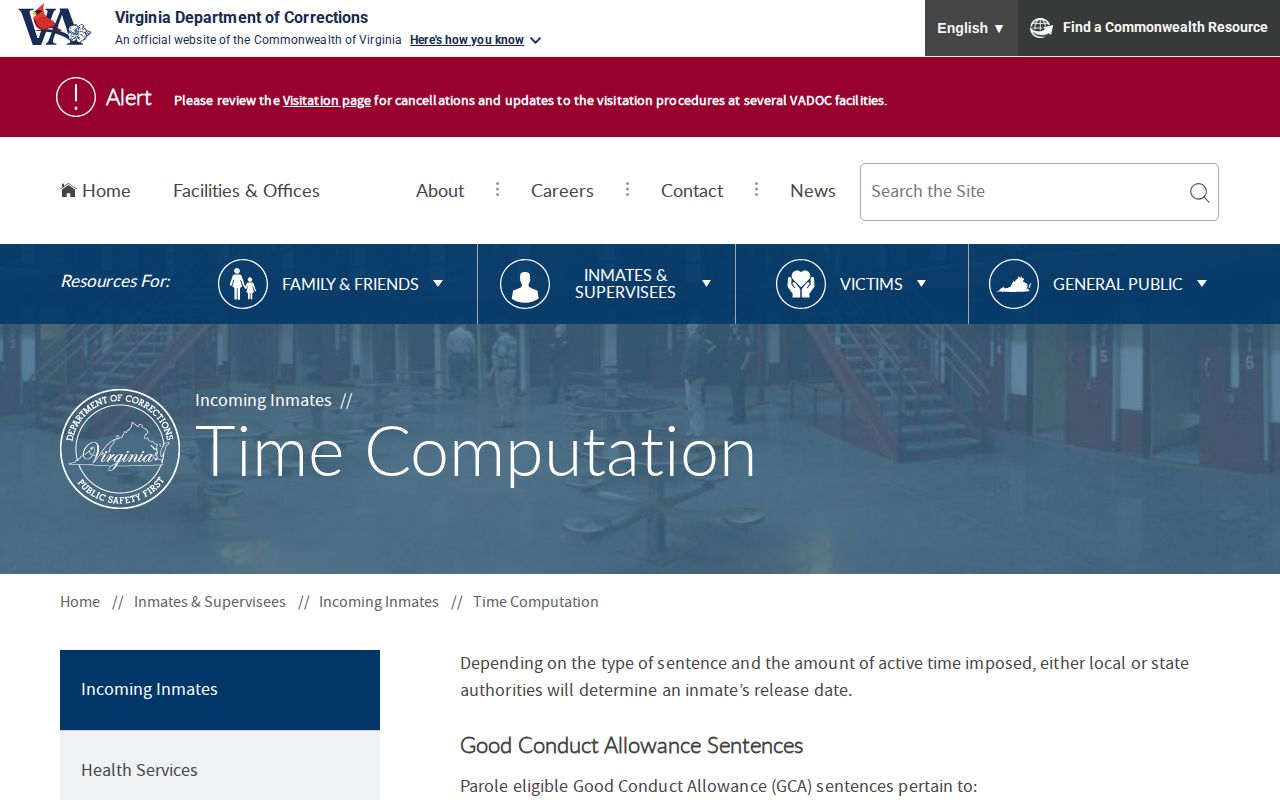 VADOC time computation rules for Northampton County projected release